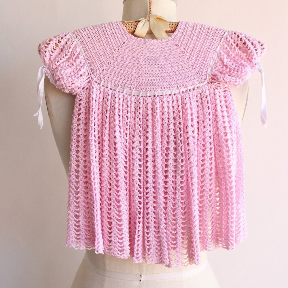 Vintage Baby Dress, Pink Little Girls Frock, Crochet